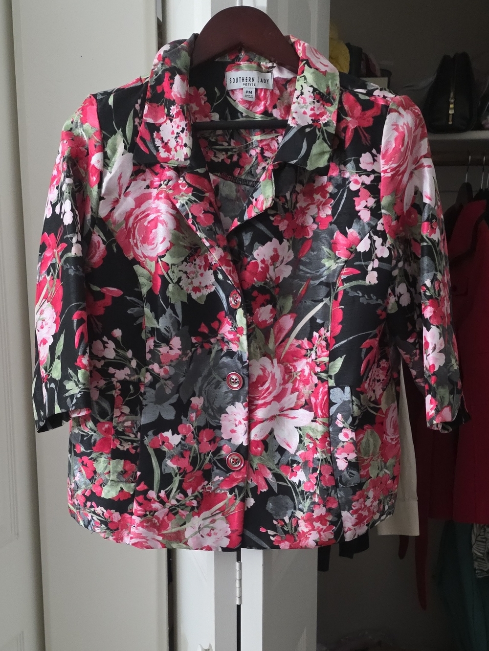 Southern Lady Black Floral Button-Down Top with Pink & Green Blooms